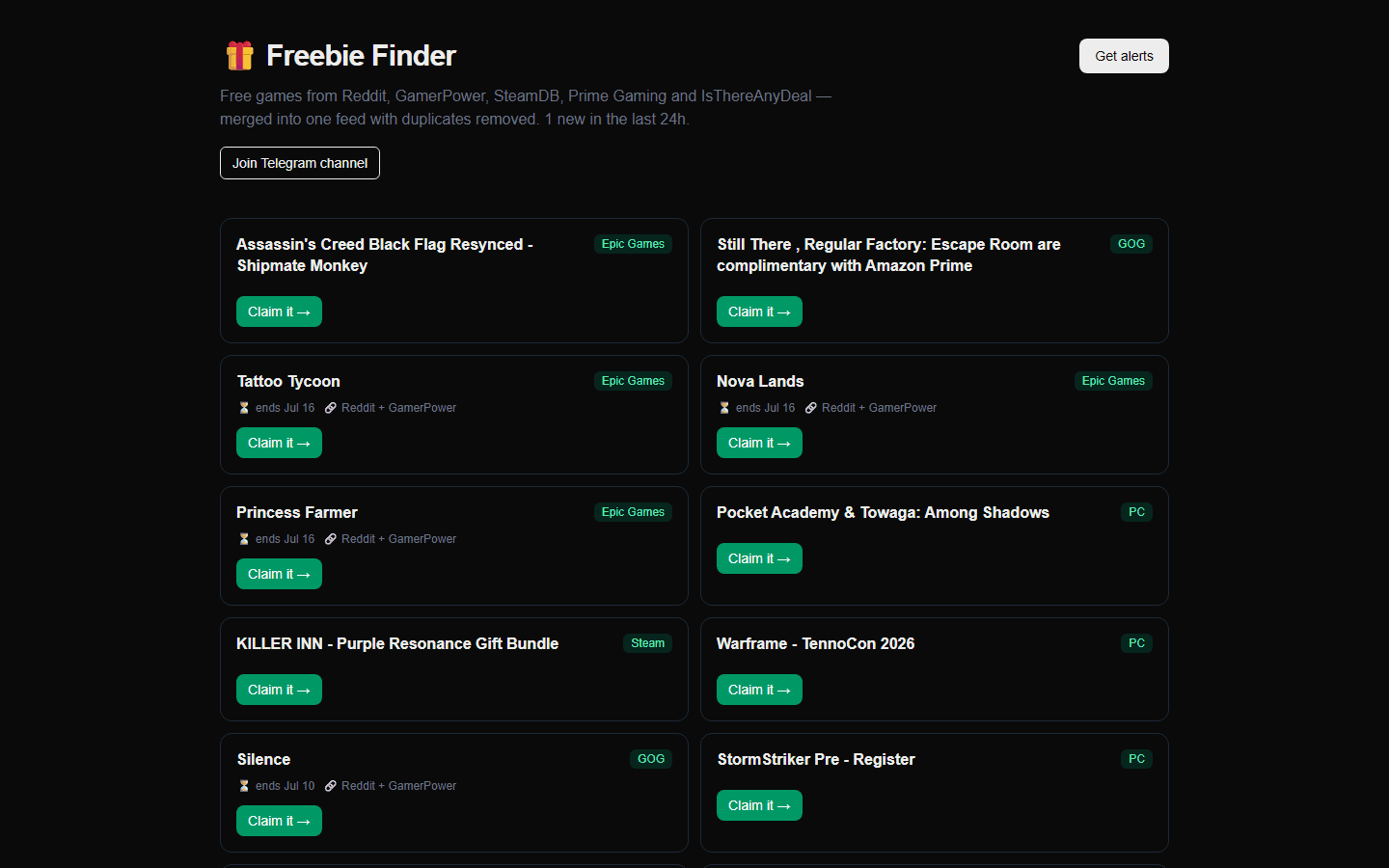 Screenshot of Freebie Finder, a free-game deal aggregator